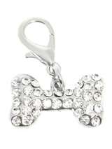 Swarovski Bone Dog Collar Charm (Clear Crystals) - Stunning Diamante Bone Charm (embellished with 34 Clear Swarovski Stones) attaches to any collar's D-ring with a lobster clip. Diamante Bone Charm. Measures approx. 1'' / 2.5cm wide.