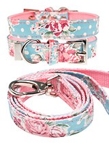 Vintage Rose Floral  Fabric Collar & Lead Set - Our Vintage Rose Floral pattern collar and lead set will brighten up even the dullest of days. It is a contemporary style and the floral pattern is right on trend. It is lightweight and incredibly strong. The collar has been finished with chrome detailing including the eyelets and tip of the collar....
