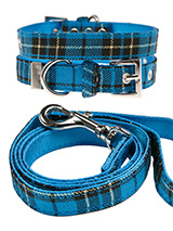 Blue Tartan Fabric Collar & Lead Set - Our Blue Checked Tartan collar and lead set is a traditional design which is stylish, classy and never goes out of fashion. It is lightweight and incredibly strong. The collar has been finished with chrome detailing including the eyelets and tip of the collar. A matching lead, harness and bandana ar...