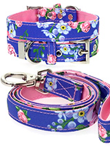 Pink / Blue Floral Burst Fabric Collar & Lead Set - Our Floral Burst pattern collar and lead set is a rich contemporary style and the floral pattern is right on trend. It is lightweight and incredibly strong. The collar has been finished with chrome detailing including the eyelets and tip of the collar. A matching harness and bandana are available to...