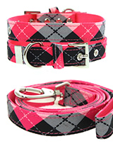 Pink Argyle Collar & Lead Set - Our Pink Argyle Collar and Lead Set is a traditional Scottish design which represents the Clan Campbell of Argyll in western Scotland. It is stylish, classy and never goes out of fashion. Used for kilts and plaids, and for the patterned socks worn by Scottish Highlanders since at least the 17th cent...