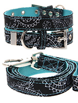 Black & Blue Paisley Collar & Lead Set - The Paisley pattern has its origins in Ancient Babylon but is now synonymous with the town of Paisley in Scotland. We thought it would look class on your dog.It is lightweight and incredibly strong. The collar has been finished with chrome detailing including the eyelets and tip of the collar. A mat...