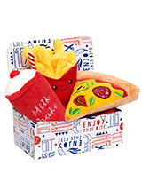 Pizza Slice Meal Deal Box (3 Toy Combo) - Get your dog a meal deal bargain with our Pizza, fries, and milkshake combo! What could be better than a delicious pizza with fries all washed down with cool milkshake. For maximum fun pretend it is for you and savour it before handing it over, it will make it even more desirable. The harder your pu...