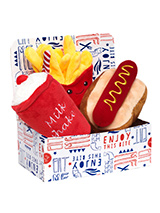 Hotdog Meal Deal Box (3 Toy Combo) - Get your dog a meal deal bargain with our Hot Dog, fries, and milkshake combo! What could be better than a juicy hot dog with fries all washed down with cool milkshake. For maximum fun pretend it is for you and savour it before handing it over, it will make it even more desirable. The harder your pu...
