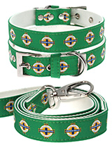 Northern Ireland Football Team Collar & Lead Set - Enhance your dog's game day look with the Official Northern Ireland 
Retro Collar & Lead Set from Urban Pup. Designed for strength and 
lightness, this set is ideal for daily wear and showcases impeccable 
style with its chrome detailing on the collar, including eyelets and the 
tip. The set fea...