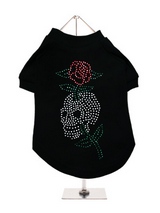 Skull & Rose GlamourGlitz Dog T-Shirt - Exclusive GlamourGlitz 100% Cotton Dog T-Shirt. With a tattoo design attributing to 80's Glam Rock and crafted with Silver, Green and Red Rhinestuds that catch a sparkle in the light. Wear on it's own or match with a GlamourGlitz ''<b>Mommy & Me</b>'' Women's T-Shirt to complete the look.