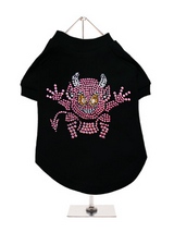 Little Devil GlamourGlitz Dog T-Shirt - Exclusive GlamourGlitz 100% Cotton Dog T-Shirt. A devilish T-Shirt for your little devil, a beautiful devil design crafted with Pink Rhinestuds that catch a sparkle in the light. Wear on it's own or match with a GlamourGlitz ''Mommy and Me'' Women's T-Shirt to complete the look.