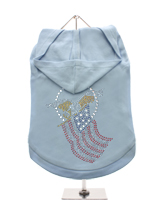 GlamourGlitz American Spirit Dog Hoodie - Exclusive GlamourGlitz 100% Cotton Hoodie. Embellished with the American Eagle swooping down and clutching the Stars and Stripes, symbolizing the Spirit of America. Crafted with Red, Silver and Blue Rhinestuds that catch a sparkle in the light. Wear on it's own or match with a GlamourGlitz ''Mommy a...
