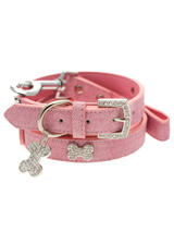 Pink Leather Diamante Collar / Diamante Bone Charm & Lead Set - Sparkling Bling Collar and Lead Set. This textured pink leather collar with a stitched edging has a crystal encrusted buckle with three large / bling sparkling diamante bones and a large sparkling diamante charm complete the look. A glamorous addition to the wardrobe of any trendy pooch. Matching le...