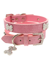 Pink Leather Diamante Collar & Diamante Bone Charm - Sparkling Bling Collar! This textured pink leather collar with a stitched edging has a crystal encrusted buckle with three large / bling sparkling diamante bones and a large sparkling diamante charm complete the look. A glamorous addition to the wardrobe of any trendy pooch.S Width: 14mmM Width: 19m...