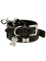 Black Leather Diamante Collar / Diamante Bone Charm & Lead Set - Sparkling Bling Collar and Lead Set. This black leather collar with a stitched edging has a crystal encrusted buckle with three large / bling sparkling diamante bones and a large sparkling diamante charm complete the look. A glamorous addition to the wardrobe of any trendy pooch. Matching lead has s...