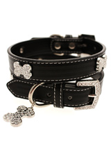 Black Leather Diamante Collar & Diamante Bone Charm - Sparkling Bling Collar! This black leather collar with a stitched edging has a crystal encrusted buckle with three large / bling sparkling diamante bones and a large sparkling diamante charm complete the look. A glamorous addition to the wardrobe of any trendy pooch.<ul><li><b>S</b> Width: 14mm</li>...