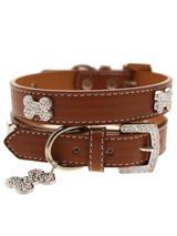 Brown Leather Diamante Collar & Diamante Bone Charm - Sparkling Bling Collar! This brown leather collar with a stitched edging has a crystal encrusted buckle with three large / bling sparkling diamante bones and a large sparkling diamante charm complete the look. A glamorous addition to the wardrobe of any trendy pooch.<ul><li><b>S</b> Width: 14mm</li>...