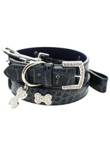 Blue Crocodile Leather Diamante Collar / Diamante Bone Charm & Lead Set - Sparkling Bling Collar and Lead Set. This crocodile textured blue leather collar with a stitched edging has a crystal encrusted buckle with three large / bling sparkling diamante bones and a large sparkling diamante charm complete the look. A glamorous addition to the wardrobe of any trendy pooch. M...