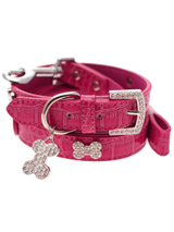 Bruiser's Legally Blonde Pink Leather Diamante Collar / Diamante Bone Charm & Lead Set - The Crocodile Pink Daimante Collar as worn by Bruiser the Chihuahua in Legally Blonde The Musical, currently starring in theatres right around the UK and Ireland.<br /><br />The Bruiser Crocodile Pink Diamante Collar has a crystal encrusted buckle with three sparkling diamante studded silver bones a...