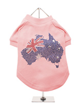Australia Flag GlamourGlitz Dog T-Shirt - Exclusive GlamourGlitz 100% Cotton Dog T-Shirt. A full Australian Flag design crafted with Red, Silver & Blue Rhinestuds that catch a sparkle in the light. Wear on it's own or match with a GlamourGlitz ''<b>Mommy & Me</b>'' Women's T-Shirt to complete the look.