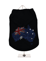 GlamourGlitz Australia Flag Dog Hoodie - Exclusive GlamourGlitz 100% Cotton Hoodie. A full Australian Flag design crafted with Red, Silver and Blue Rhinestuds that catch a sparkle in the light. Wear on it's own or match with a GlamourGlitz ''Mommy and Me'' Women's T-Shirt to complete the look.