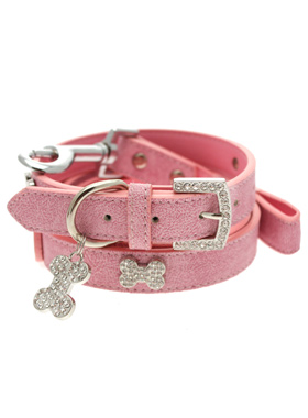 Pink Leather Diamante Collar / Diamante Bone Charm & Lead Set